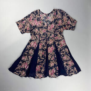 Vintage Floral Short Sleeve Mini Flared Dress with Navy Panels